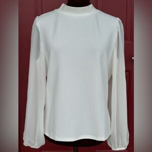 NWT ANN TAYLORsM elegant ivory top-mock neck-sheer sltly puffed slv-elastic cuff